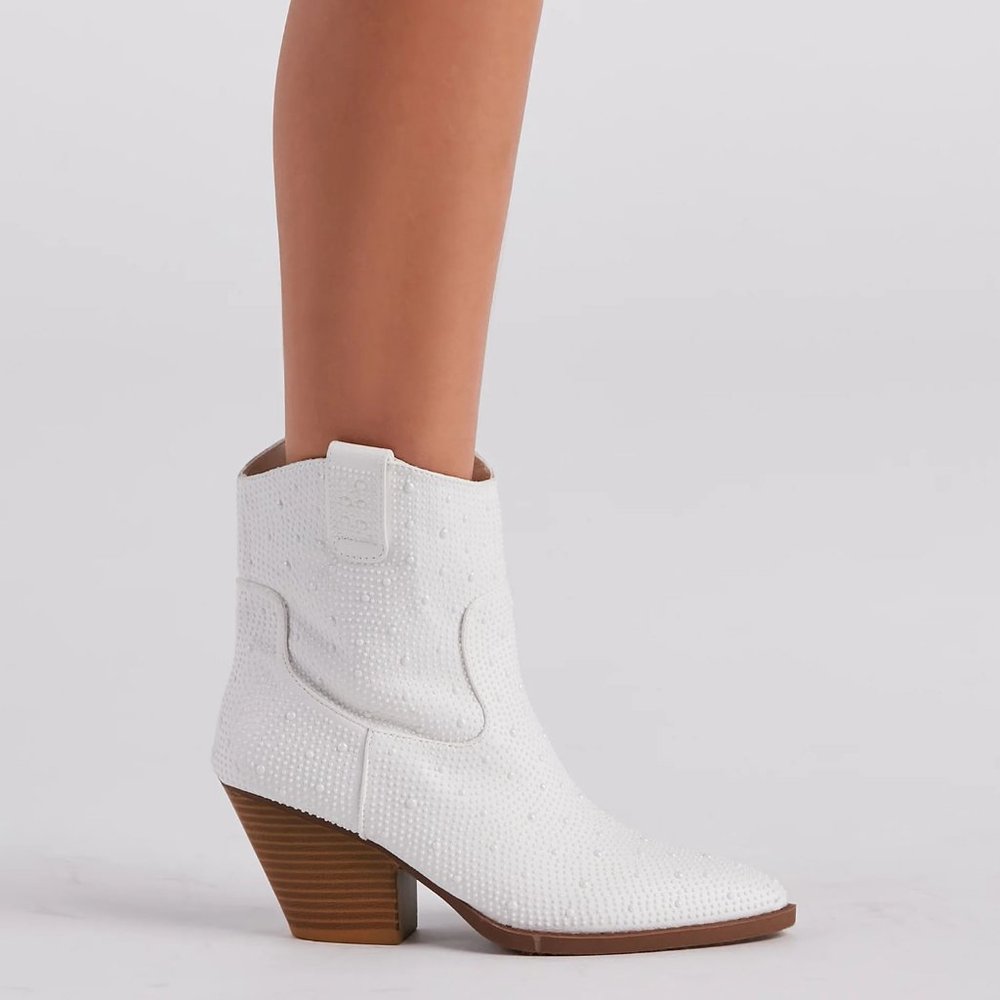 NEW🔥Ivory Faux Pearl Embellished Cowboy Cowgirl Western Heel Ankle Booties Boot - Picture 4 of 12